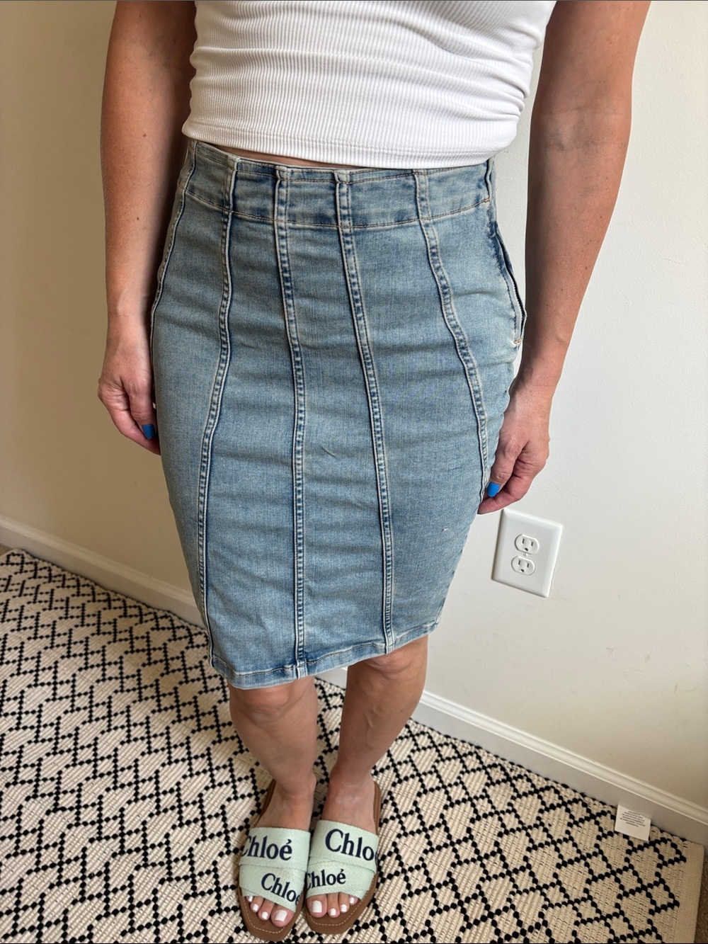 Free People Light Blue Denim Pencil Skirt